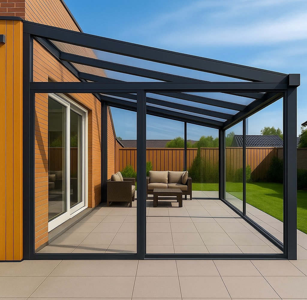 Glass side wall panel for veranda